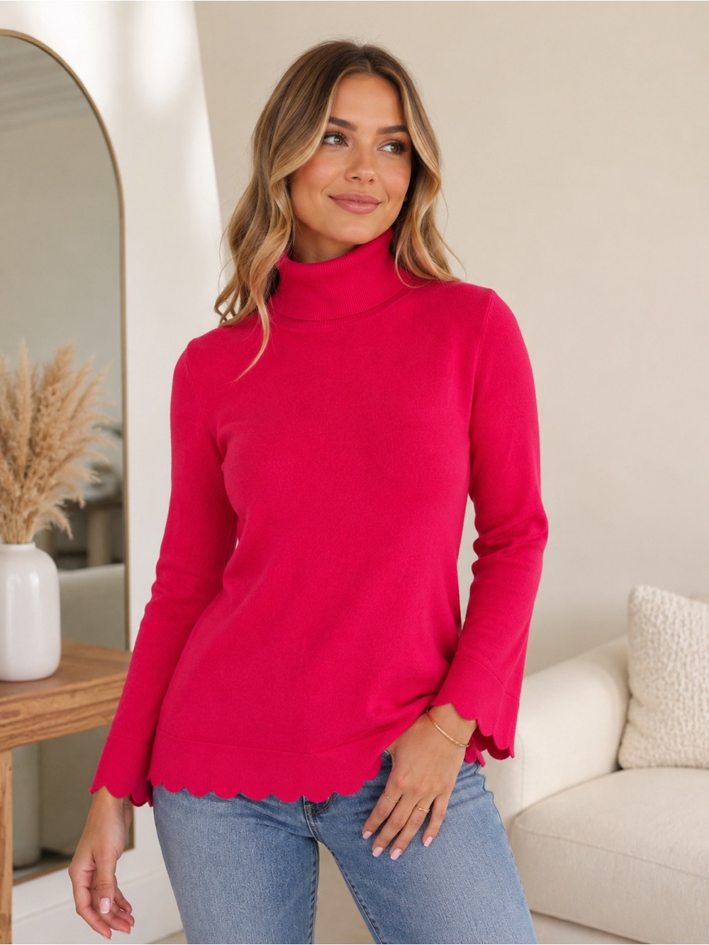 Isaac Mizrahi Live Hot Pink Turtleneck Sweater with Scalloped Hem